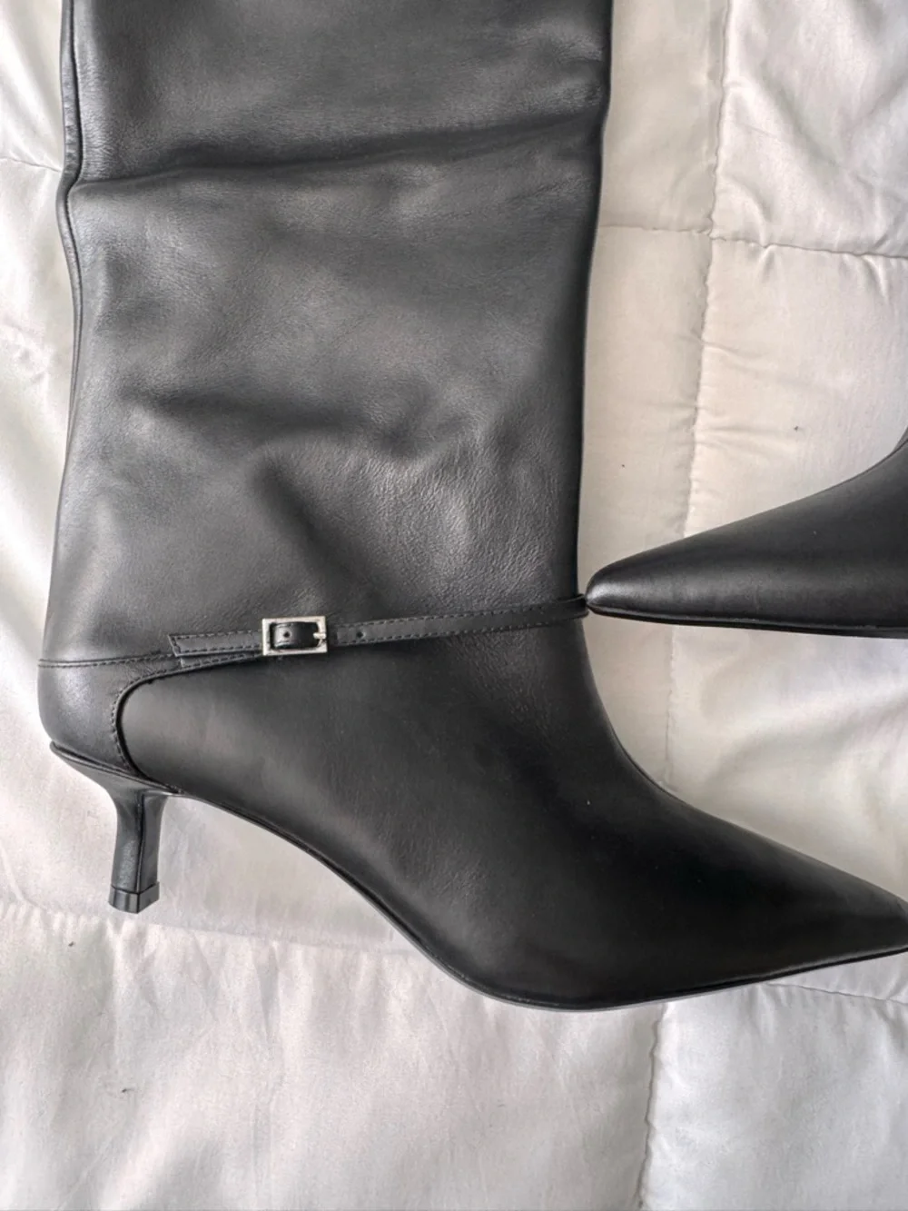 Zara Leather Kitten Heel Knee High Black Boots With Buckle - Picture 5 of 6